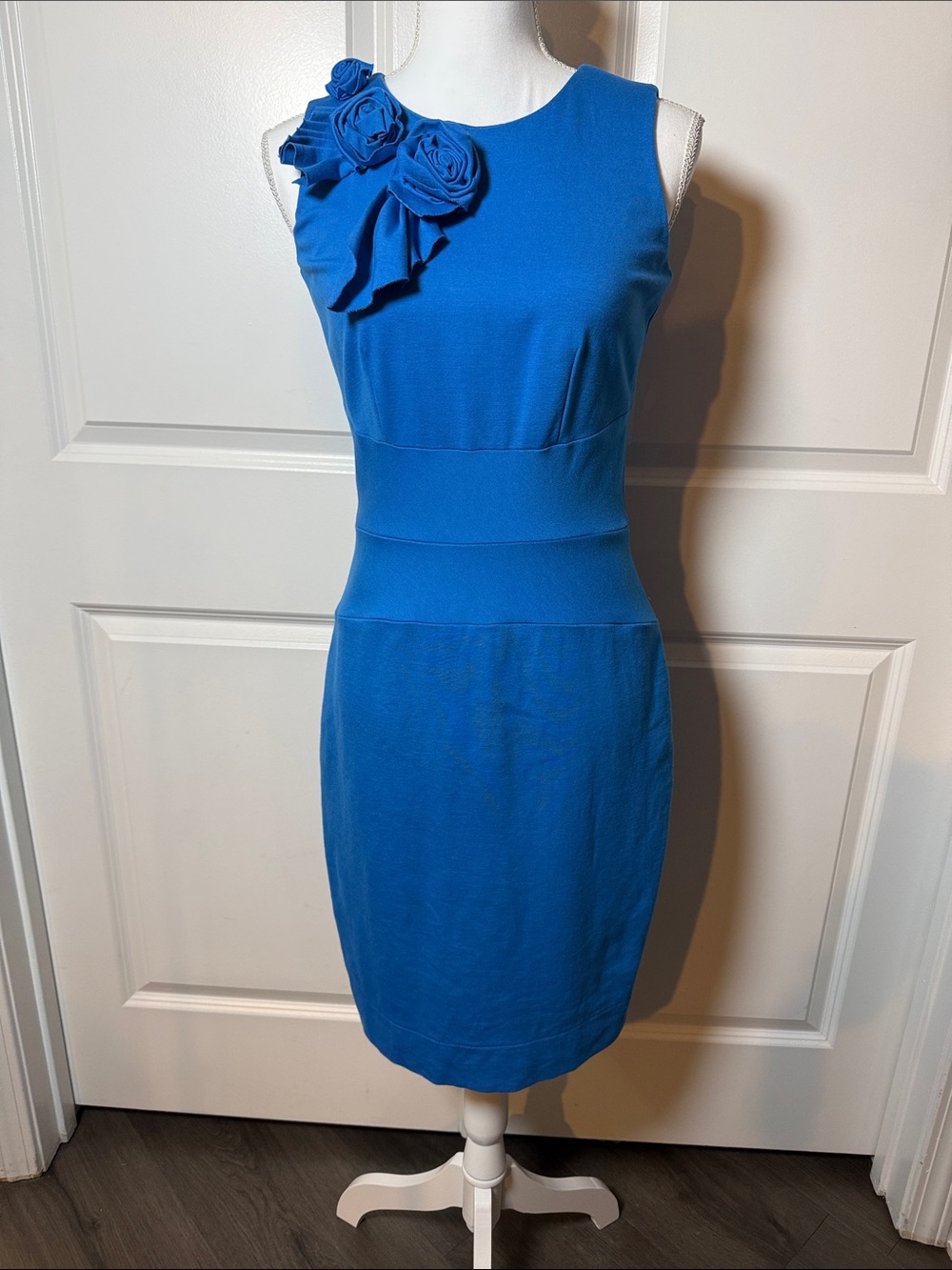 Taylor Sleeveless Teal Blue Floral-Accent Midi Sheath Dress